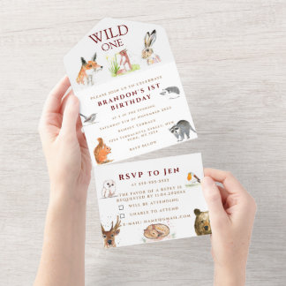 Niedliche Waldtiere Wildtiere 1. Geburtstag Junge All In One Einladung