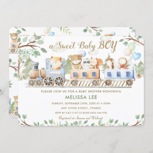 Niedliche Waldtiere Züge Grünpflanzen Kinderdusche Einladung