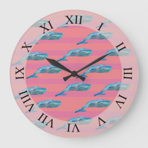 Niedliche Wale Fischen Art rosa Streifen Muster ku Große Wanduhr