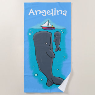 Niedliche Wale mit Segelboot Cartoon Strandtuch