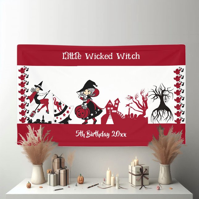 Niedliche Wanderhexe Halloween Weißes Rotes Banner (Cute Little Wandering Witch Halloween White Red Banner)