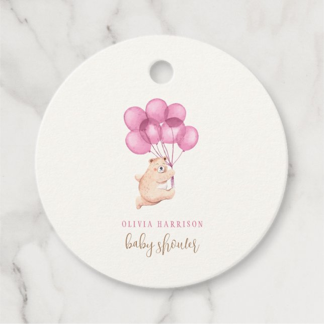Niedliche Warecolor Bear Pink Balloon Babydusche Geschenkanhänger (Vorderseite)