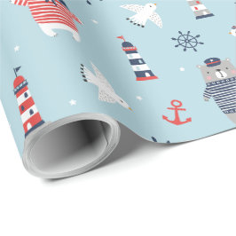 Niedliche Wasserbären, Möwen und Leuchttürme, blau Geschenkpapier