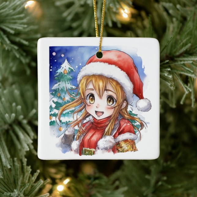 Niedliche Wasserfarbe Anime Weihnachten Personalis Keramikornament (Baum)