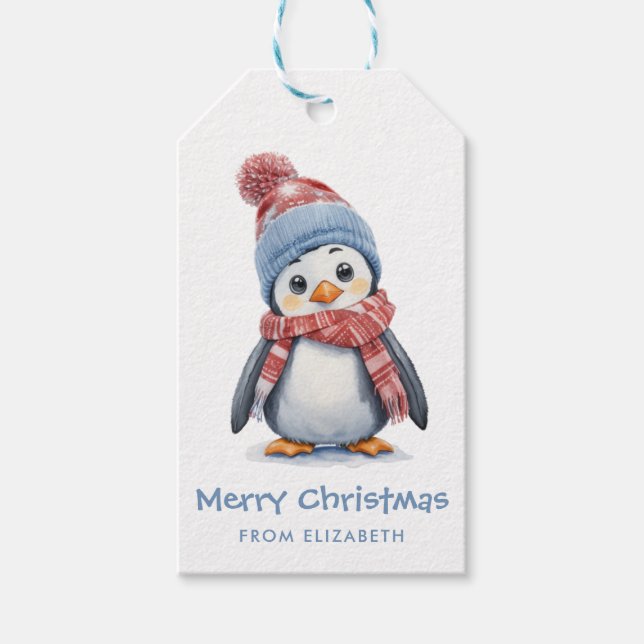Niedliche Wasserfarbe Baby Penguin Weihnachten Geschenkanhänger (Vorderseite)