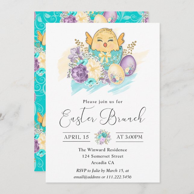 Niedliche Wasserfarbe Blumenkick in Ei Ostern Brun Einladung (Vorne/Hinten)