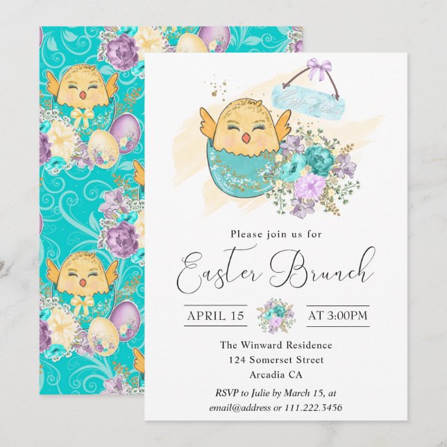 Niedliche Wasserfarbe Blumenkick in Ei Ostern Brun Einladung (Vorne/Hinten)