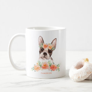 Niedliche Wasserfarbe Boston Terrier Peach Floral Kaffeetasse