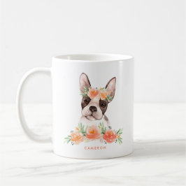 Niedliche Wasserfarbe Boston Terrier Peach Floral Kaffeetasse
