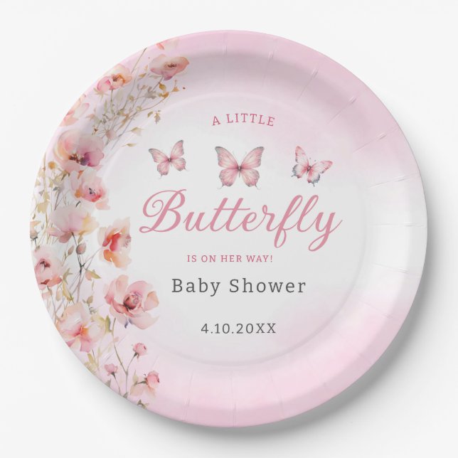 Niedliche Wasserfarbe Butterfly florales boho rosa Pappteller (Vorderseite)