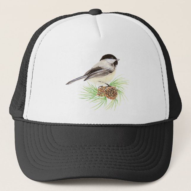 Niedliche Wasserfarbe Chickadee Bird Pine Tree Truckerkappe (Vorderseite)