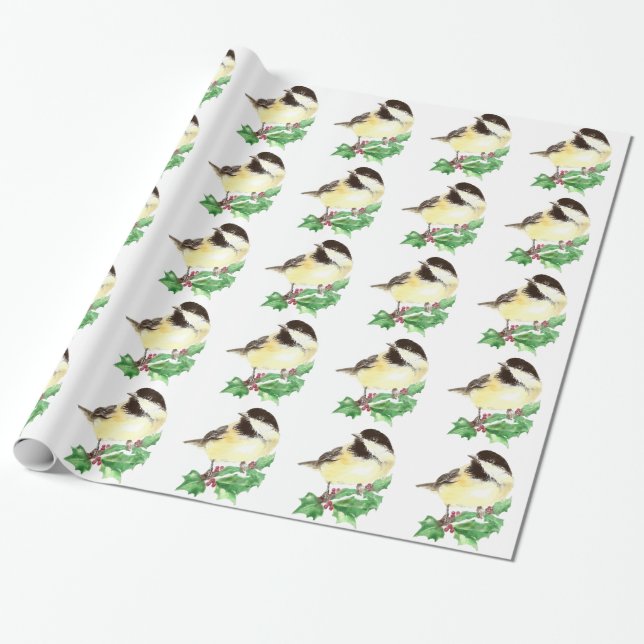 Niedliche Wasserfarbe Chickadee Holly Berry Weihna Geschenkpapier (Ungerollt)