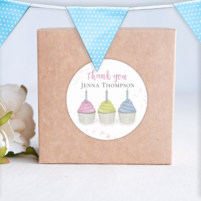 Niedliche Wasserfarbe Cupcakes Whimsical Danke Runder Aufkleber (Von Creator hochgeladen)