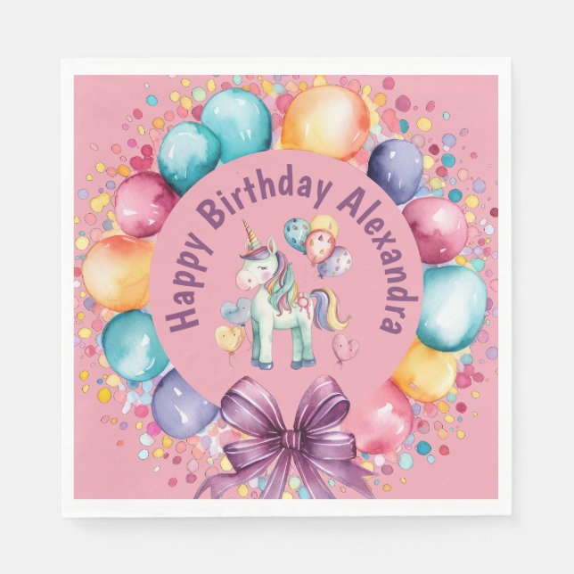 Niedliche Wasserfarbe Einhorn Geburtstag Serviette (Vorderseite)