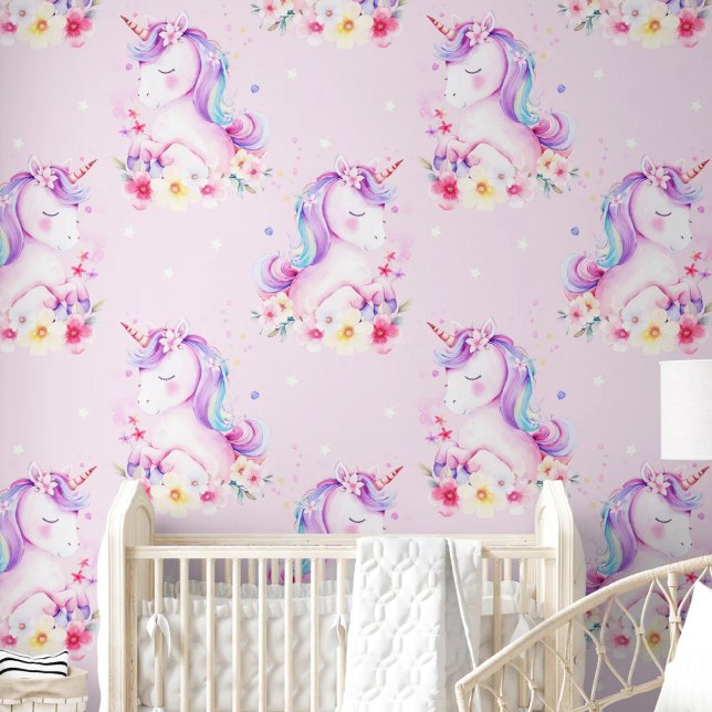 Niedliche Wasserfarbe Einhorn Rosa Lila Kinderzimm Tapete (Watercolor Cute Unicorn Pink Purple Nursery Room Wallpaper)