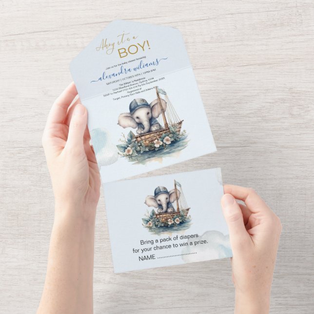 Niedliche Wasserfarbe Elephant nautische Thema Bab All In One Einladung (Abreißen)