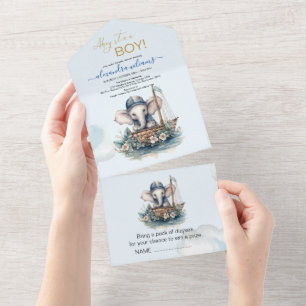 Niedliche Wasserfarbe Elephant nautische Thema Bab All In One Einladung