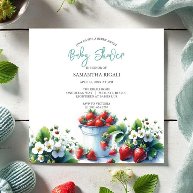 Niedliche Wasserfarbe Erdbeere Babydusche Einladung (Summer baby shower invitations watercolor strawberries boy farmers market theme.)