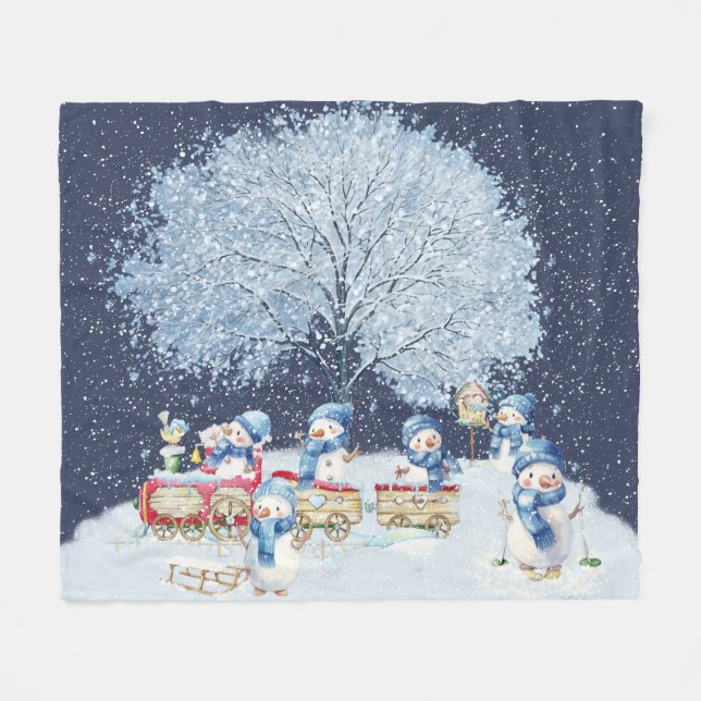 Niedliche Wasserfarbe Festliche Snowmen Fleecedecke (Vorderseite (Horizontal))