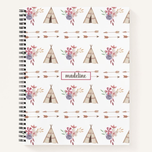 Niedliche Wasserfarbe Floral Boho Teepe Personalis Notizbuch (Vorderseite)