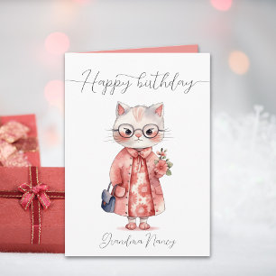 Niedliche Wasserfarbe Granny Cat Happy Birthday Karte