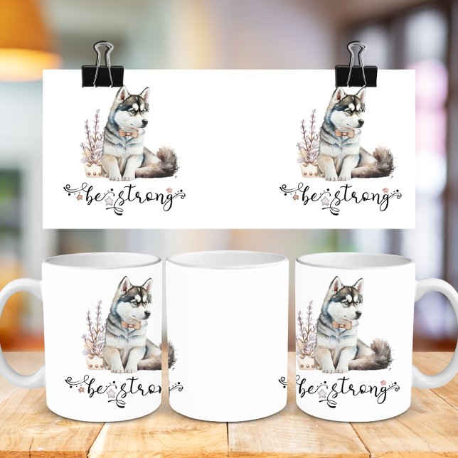 Niedliche Wasserfarbe Husky ist stark kalligraphis Kaffeetasse (Von Creator hochgeladen)