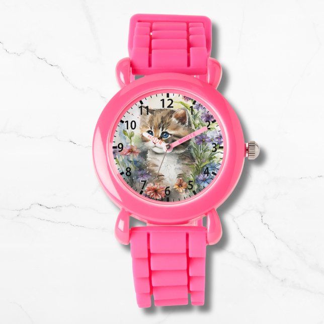 Niedliche Wasserfarbe Katze Hübsche Blume Girl Armbanduhr (Von Creator hochgeladen)