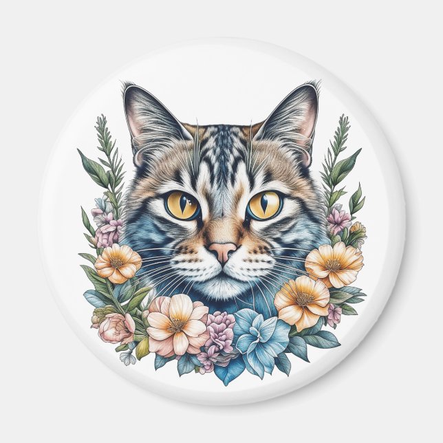 Niedliche Wasserfarbe Katze mit Blume Magnet (Vorne)