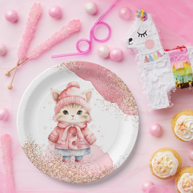 Niedliche Wasserfarbe Katze Wintermäntel Party Pappteller (Party)