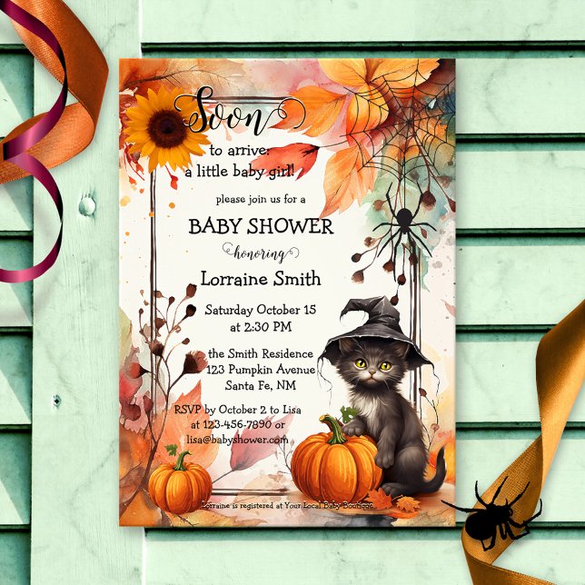 Niedliche Wasserfarbe Katzen Halloween Kinderdusch Einladung (A cute baby shower invitation featuring a kitty with pumpkin and a witch hat in lovely watercolor )