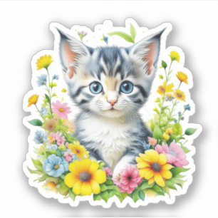Niedliche Wasserfarbe Kitten in Blume Aufkleber
