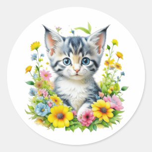 Niedliche Wasserfarbe Kitten in Blume Runder Aufkleber