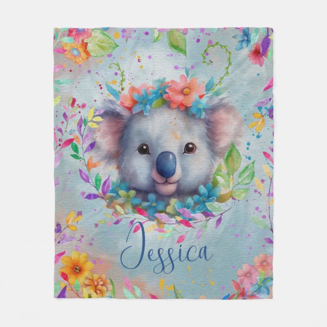 Niedliche Wasserfarbe Koala mit Blume Fleecedecke (Vorderseite)