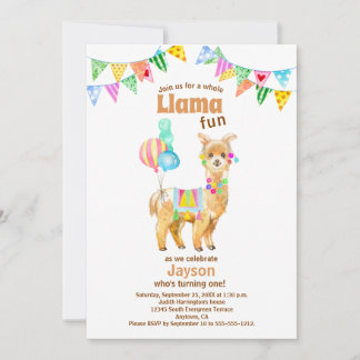 Niedliche Wasserfarbe Llama Spaß 1. Geburtstag Ein Einladung