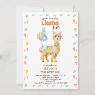 Niedliche Wasserfarbe Llama Spaß 1. Geburtstag Ein Einladung