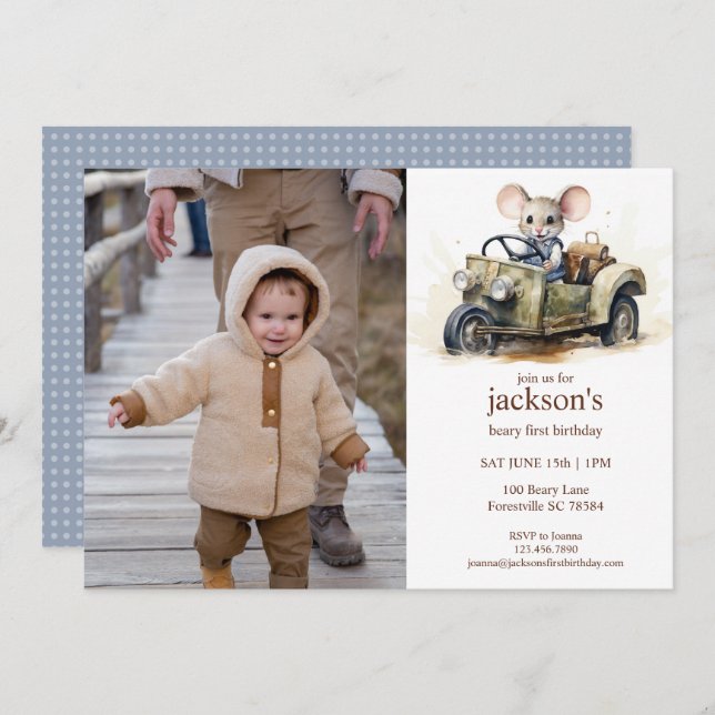 Niedliche Wasserfarbe Maus in grünem Auto 1. Gebur Einladung (Vorne/Hinten)