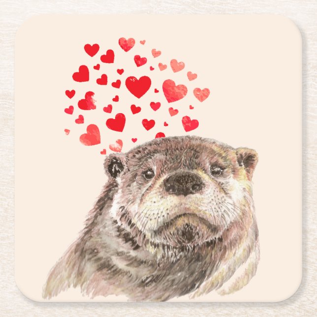 Niedliche Wasserfarbe Otter Herz Liebe Tierischer  Rechteckiger Pappuntersetzer (Vorderseite)
