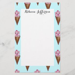 Niedliche Wasserfarbe Piggie Eis Creme Rosa Aquama Briefpapier