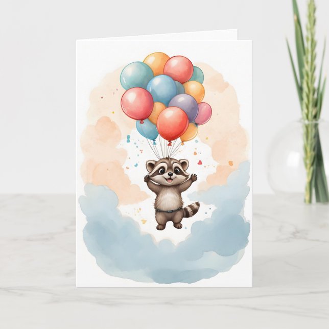 Niedliche Wasserfarbe Raccoon farbenfrohe Balloons Karte (Vorderseite)