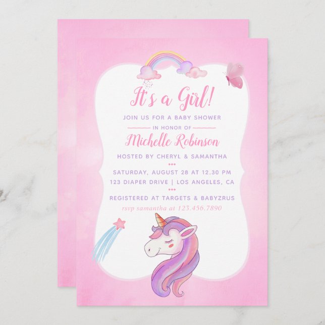 Niedliche Wasserfarbe Regenbogen Einhorn Kindermäd Einladung (Vorne/Hinten)