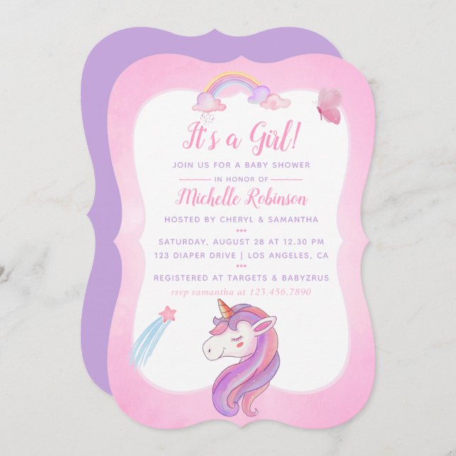 Niedliche Wasserfarbe Regenbogen Einhorn Kindermäd Einladung (Vorne/Hinten)