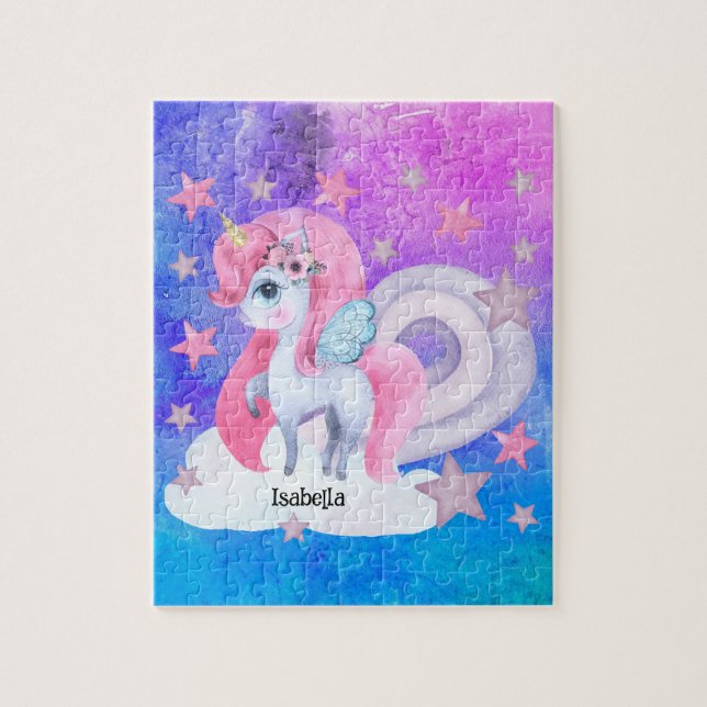 Niedliche Wasserfarbe Regenbogen Einhorn Personali Puzzle (Vertikal)