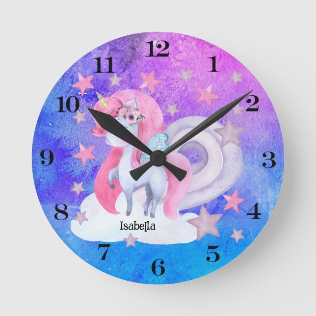 Niedliche Wasserfarbe Regenbogen Einhorn Personali Runde Wanduhr (Vorderseite)