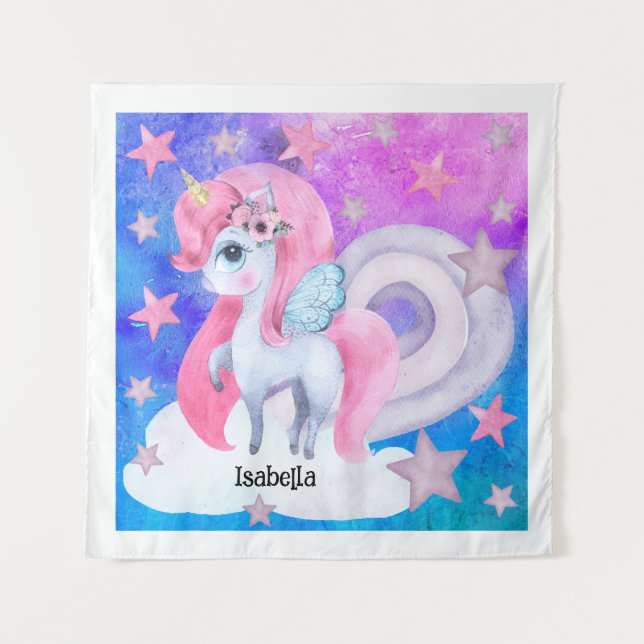 Niedliche Wasserfarbe Regenbogen Einhorn Personali Wandteppich (Vorderseite)