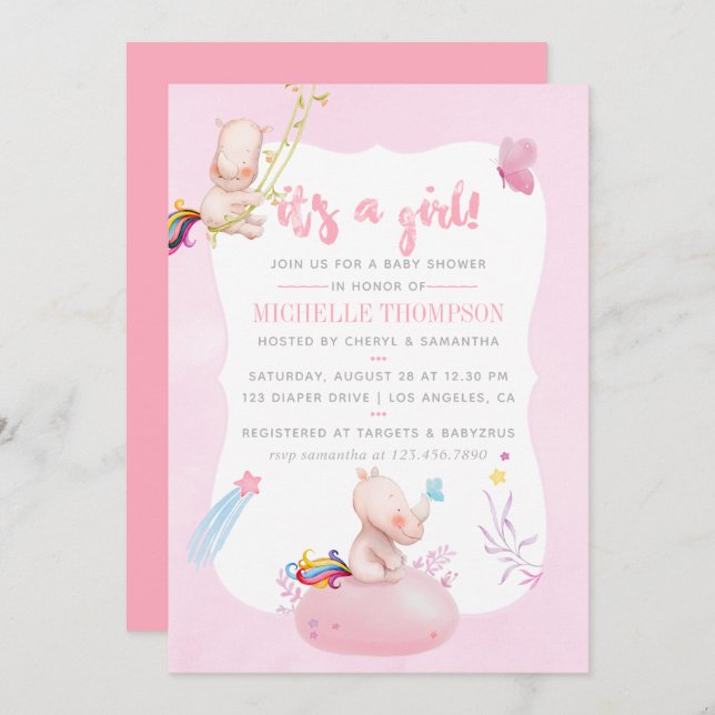 Niedliche Wasserfarbe Rhino Unicorn Kindermädchen  Einladung (Vorne/Hinten)