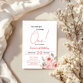 Niedliche Wasserfarbe Rosa Baby Girl 1. Geburtstag Einladung