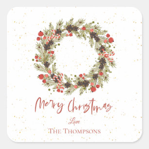 Niedliche Wasserfarbe Rote Berries Wreath Frohe We Quadratischer Aufkleber