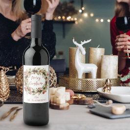 Niedliche Wasserfarbe Rote Berries Wreath Frohe We Weinetikett