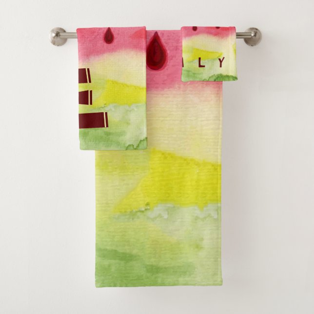 Niedliche Wasserfarbe Rote Wassermelone Monogramm  Badhandtuch Set (Insitu)