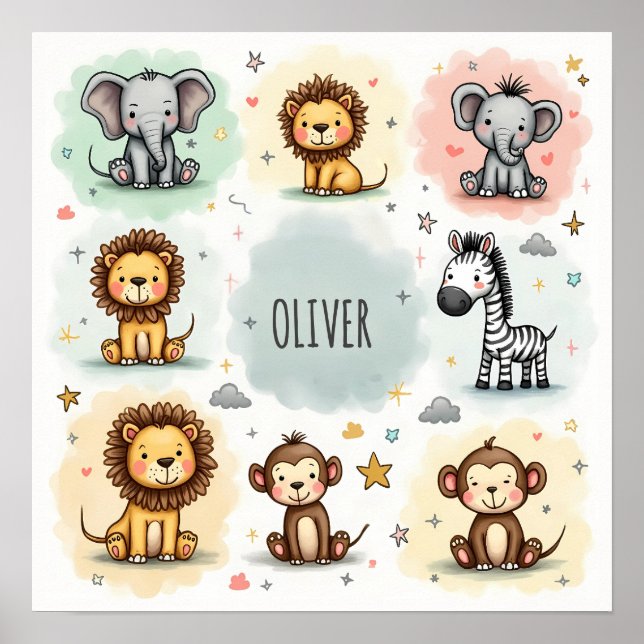 Niedliche Wasserfarbe Safari Tierdoodles Poster (Vorne)
